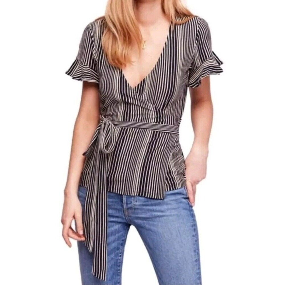 Free People Wrapped Around My Finger Women's XS Wrap Top Black White Tie Waist